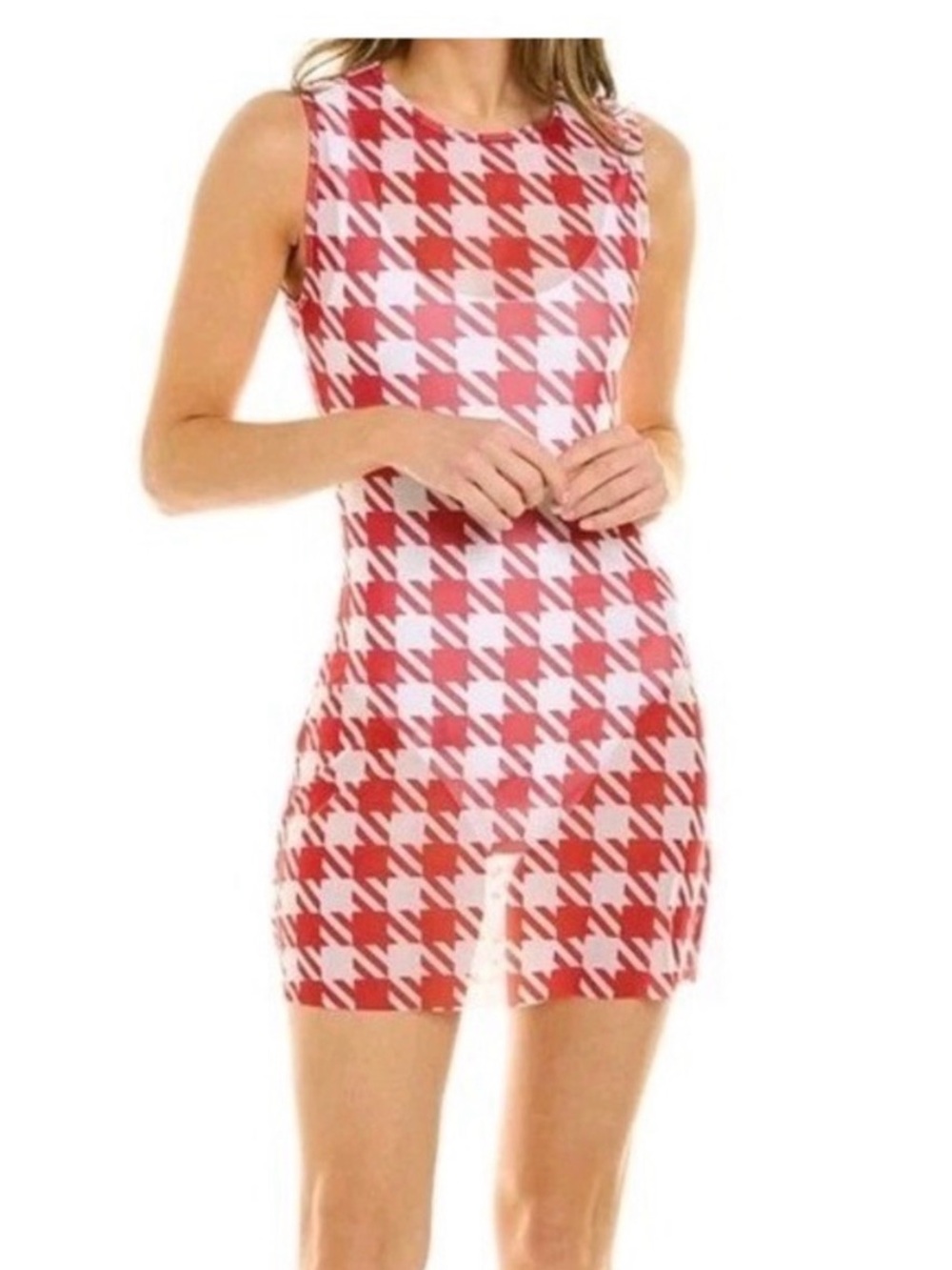 WeWoreWhat Red and White Houndstooth Sleeveless Mini Dress
